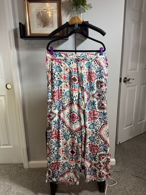 Wide Leg Floral Medallion Print Pants - Cream, Pink & Blue